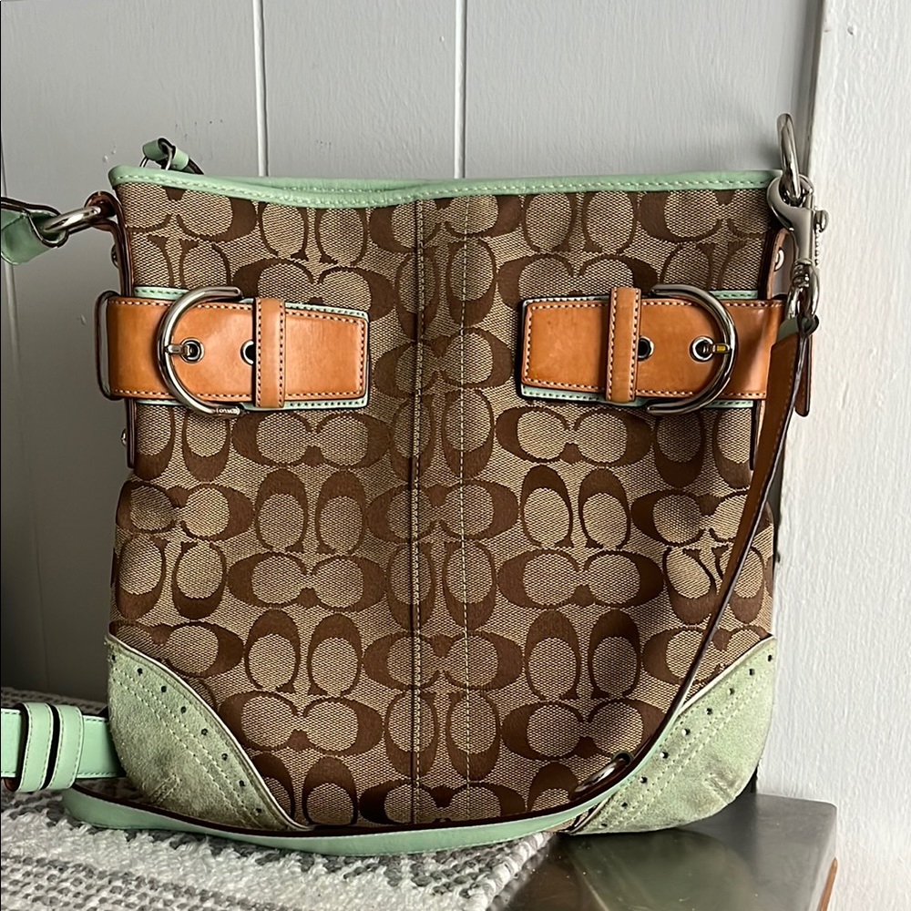 Coach Brown and Green Signature Shoulder Bag